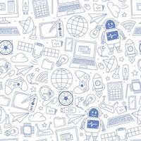 Technology doodles, cartoon elements monochrome seamless pattern for wallpaper, digital paper, scrapbooking, stationery, wrapping paper, etc. EPS 10 vector