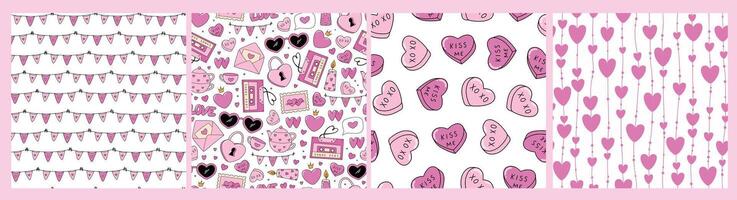 Valentine's day square seamless patterns, wallpaper collection decorated with doodles, cartoon elements. Good for textile prints, wrapping paper, stationery, digital paper, packaging, etc. EPS 10 vector