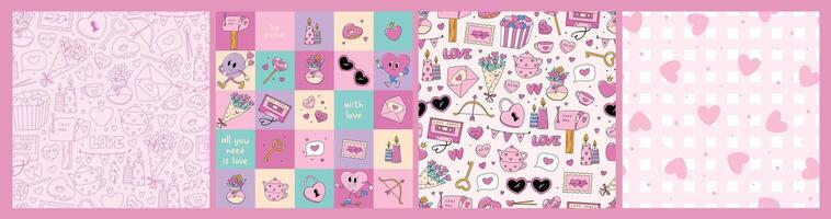 Valentine's day seamless patterns, wallpaper collection with doodles. Good for holiday textile prints, wrappong paper, stationery, digital paper, backgrounds. EPS 10 vector