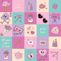 Valentine's day seamless pattern with squares and doodles, checkered pattern design for wallpaper, wrapping paper, scrapbooking, stationery, textile prints, packaging, backgrounds, etc. EPS 10 vector