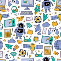 Technology doodles seamless pattern, wallpaper design with computers, internet connection, artificial intelligence devices. Print, background, wrapping paper. EPS 10 vector