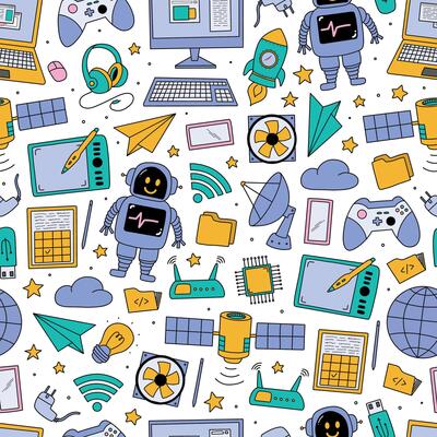 Technology doodles seamless pattern, wallpaper design with computers, internet connection, artificial intelligence devices. Print, background, wrapping paper. EPS 10