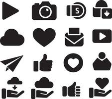A set of silhouette style button icons like subscribe, upload, download, like, share vector