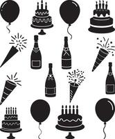 A silhouette image set of a party balloon, confetti, a birthday cake, a champagne bottle, a streamer, and a party popper vector