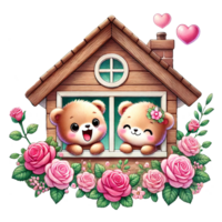 Cute bears with flowers in a cozy house, radiating happiness. Valentine Cartoon character. png