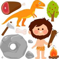 Prehistoric set with a caveman, dinosaur, rocks, wheel and primitive weapons. Cartoon primitive man with tools in stone age. vector