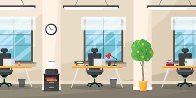 Workplaces in an open plan office. Comfortable workstations with equipment and technology. vector