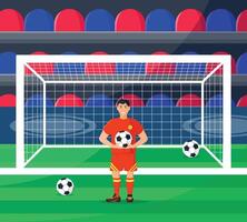 Football player in red uniform with ball in goal against background of stands. vector