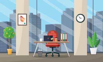Office workspace with furniture, equipment, documents against the background of large windows. vector