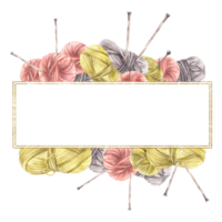 Balls of yarn threads with knitting needles rectangular frame. Realistic skeins of string gold framed. Watercolor hand drawn illustration. Hobby handicrafts label template isolated from background png