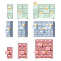 Office cabinet icon set in flat style. Furniture storage illustration on isolated background. Drawer sign business concept. vector