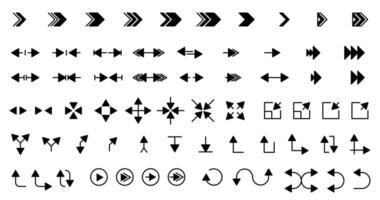 Big solid icon set with arrows. Collection of pointer signs. Cursor button, abstract pictogram and navigation symbols. vector