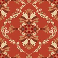 A seamless damask border pattern featuring intricate floral motifs and classical columns. The soft red brick background and cream-colored design create an elegant and timeless aesthetic. vector