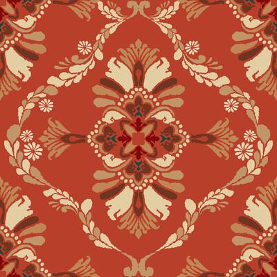 A seamless damask border pattern featuring intricate floral motifs and classical columns. The soft red brick background and cream-colored design create an elegant and timeless aesthetic.
