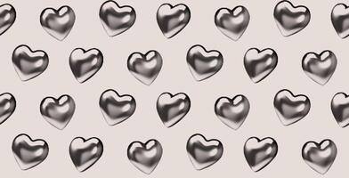 Seamless pattern of metallic chrome hearts on a beige background. The glossy hearts feature a halftone texture. Modern, stylish, romantic wallpaper design for print, fabric etc. vector