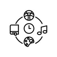 extracurricular icon, Clock surrounded by activity symbols for time management concept. Suitable for describing productivity, efficiency, scheduling hobbies such as sports, music, art etc. vector