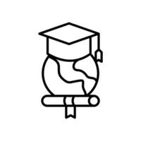 study abroad icon, Graphic showing graduation cap on globe, diploma below. Suitable for educational concepts, international students, graduation themes, and academic presentations. vector