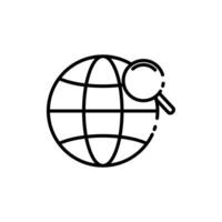 A black and white line drawing of a globe with a magnifying glass vector
