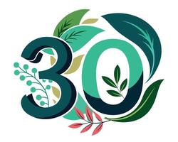 the number 30 design with a leaf texture vector