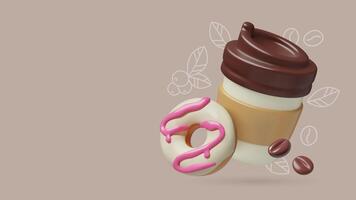 Paper coffee cup and donut cute 3d realistic takeout food and drink banner design with copy space vector