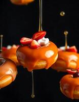 Flying donut with dripping glaze on black background, Decorated with. photo