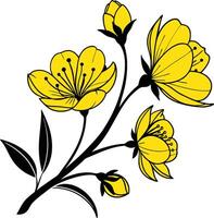 Yellow floral illustratio black stem and leaves and stylized botanical art. vector