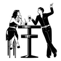 Date of couple in bar, nightclub, cafe, pub. Black and white illustration isolated on white. All objects are separate. vector