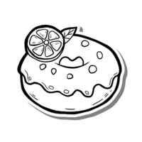 Lemon Donut Outline on white silhouette and gray shadow. Hand drawn cartoon style. illustration for decorate and any design. vector