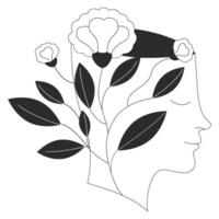 Head with growing flowers. Mental health, well being concept. Positive mindfulness. Concept of calm mind, relaxed and peaceful. flat illustration for web or app in outline style vector