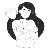 Woman character in cozy sweater hug herself. Self acceptance, self love concept. flat illustration for website or app in outline style vector