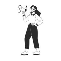 Woman speaking in megaphone, standing with loudspeaker, signaling an announcement or call to action. flat illustration for web or app design in outline style vector