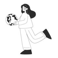 Woman character holding Earth planet globe. Concept of environmental care or global awareness. flat illustration for web or app design in outline style vector