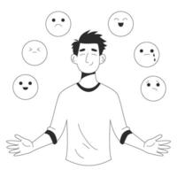 Emotional intelligence, balance of anxiety and happiness. Emotions, mood control. Man with different emojis. flat illustration for website or app in outline style vector