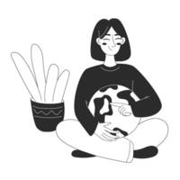 Blonde woman character sits cross-legged, holding globe planet. Concept of care and environmental awareness. flat illustration for web or app design in outline style vector