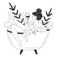 Girl character takes a bubble bath with a glass of wine. Relaxation, spa, body care. Self care concept. illustration for website or app in otline style vector