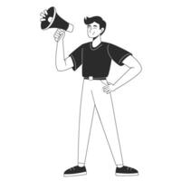 Man character standing with loudspeaker, signaling an announcement or call to action. flat illustration for web or app design in outline style vector
