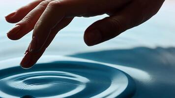 A person's hand touching a circular object in a blue water video