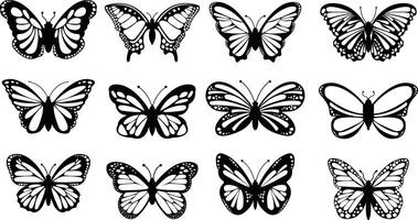 Abstract modern seamless pattern of monarch butterfly contours on white background for decoration design. Closeup design element black butterfly. Side view outline icon vector