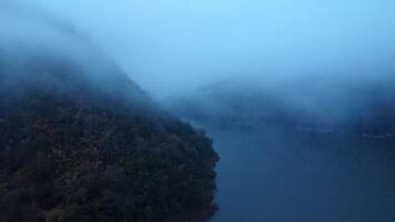 Aerial view of beautiful fog on the lake in the morning. Fresh early morning in the forest near the river. Beautiful sunrise in the forest with fog. video
