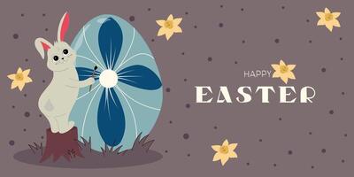 Easter bunny with egg and flowers vector