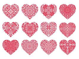 Set of red lace hearts. Collection of Ornamental abstract hearts in mandala style for Valentines day, wedding, March 8, Mother day vector