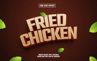 3D text effect of fried chicken with leaves on brown background. psd