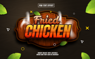 3D text effect design for Fried Chicken on a wooden sign with steam and leaves. psd
