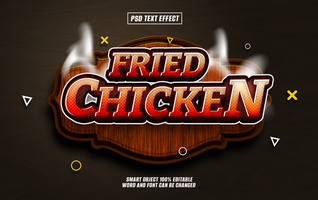 Stylized Fried Chicken text effect on a rustic wooden sign with steam. psd