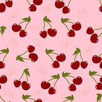 A seamless pattern featuring cherries with leaves in a colorful design showcasing nature and summer vibes. Heart and Love. Valentine's day concept. Wrapping paper, Fabric. vector
