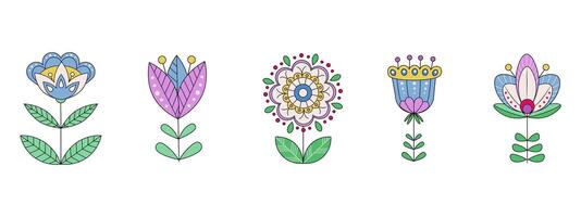 A selection of flowering fantasy plants in the Scandinavian style. Isolated Objects vector