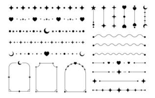Stars, moons and hearts, line abstract dividers, shapes and lines, frames, decorative graphic elements. sticker set, print, tattoo collection. vector