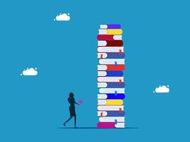 a woman is standing next to a stack of books vector