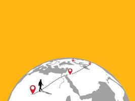 Businessman walks along the world map pins, World map pin with dotted route. Missions and objectives vector