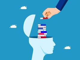 hand putting books into the head of a man vector